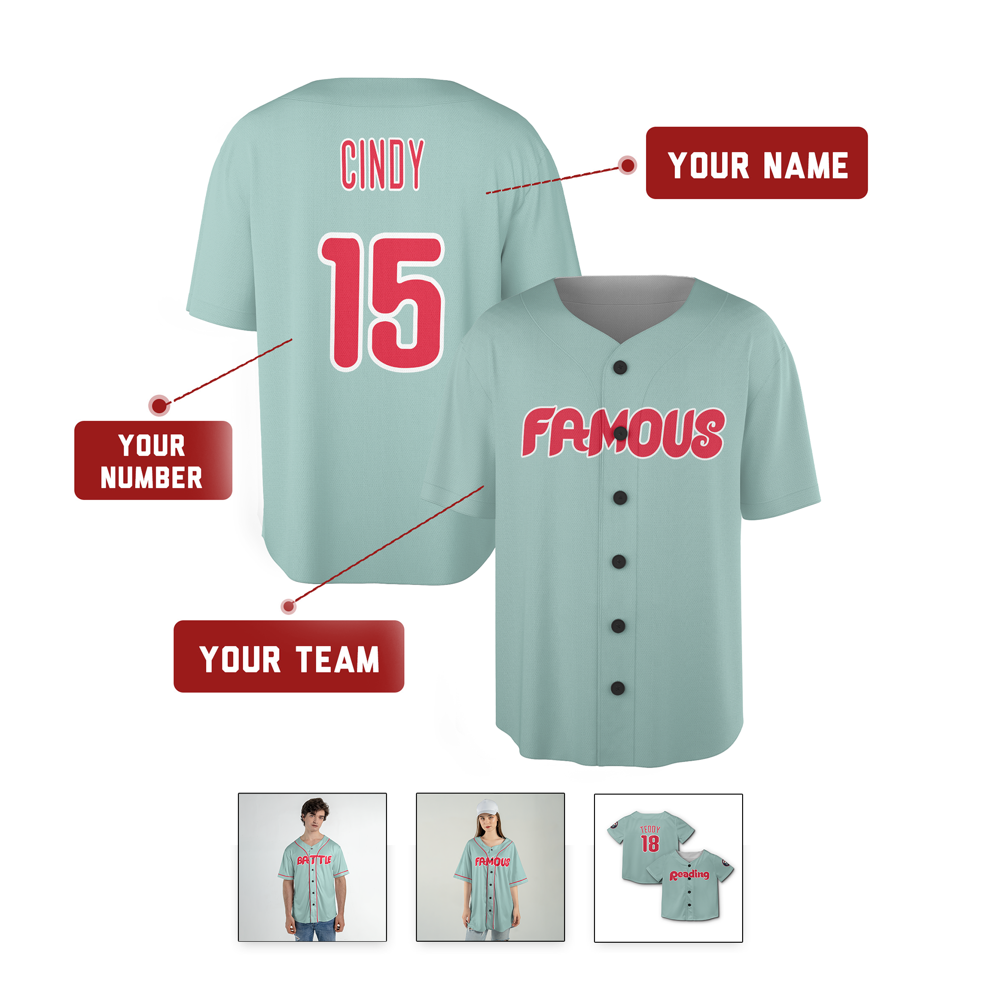 Personalized Philadelphia Phillies Inspired Alternate Style Jersey - Teal