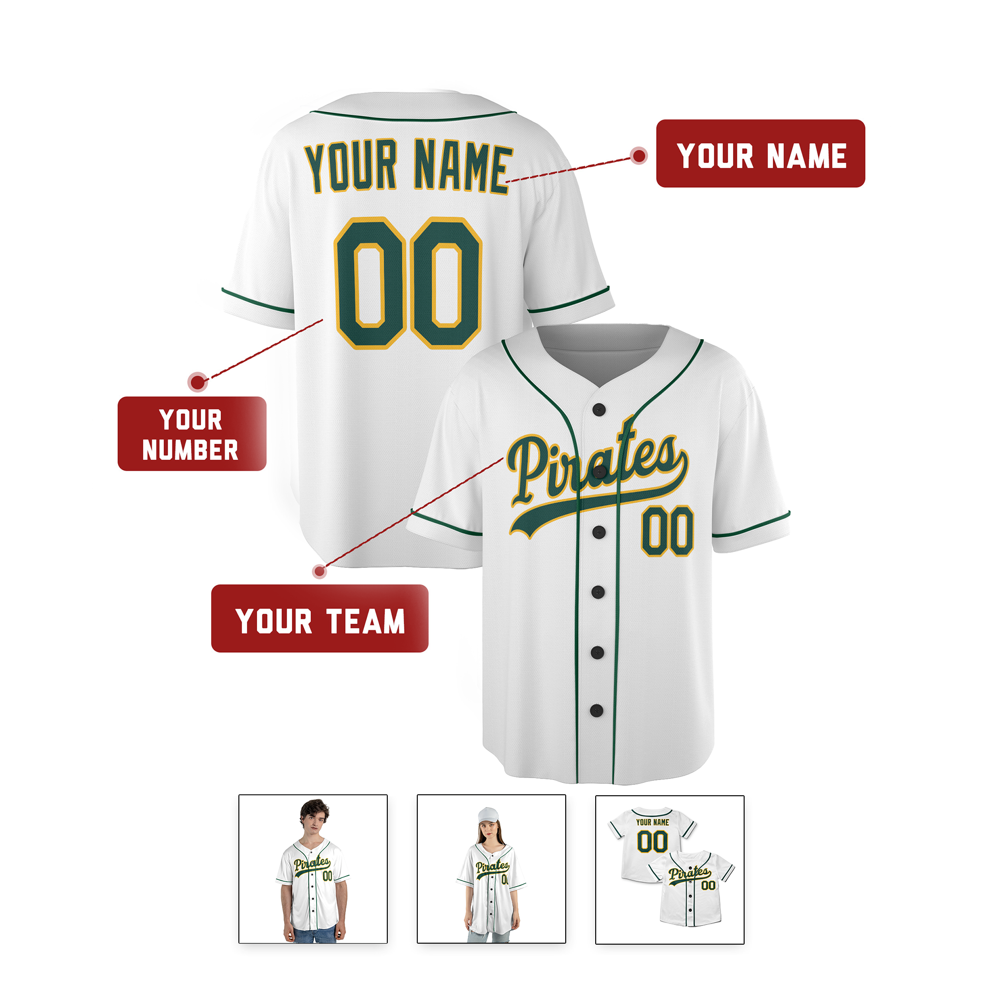 Personalized Pittsburgh Pirates Inspired Alternate Style Jersey - White Green