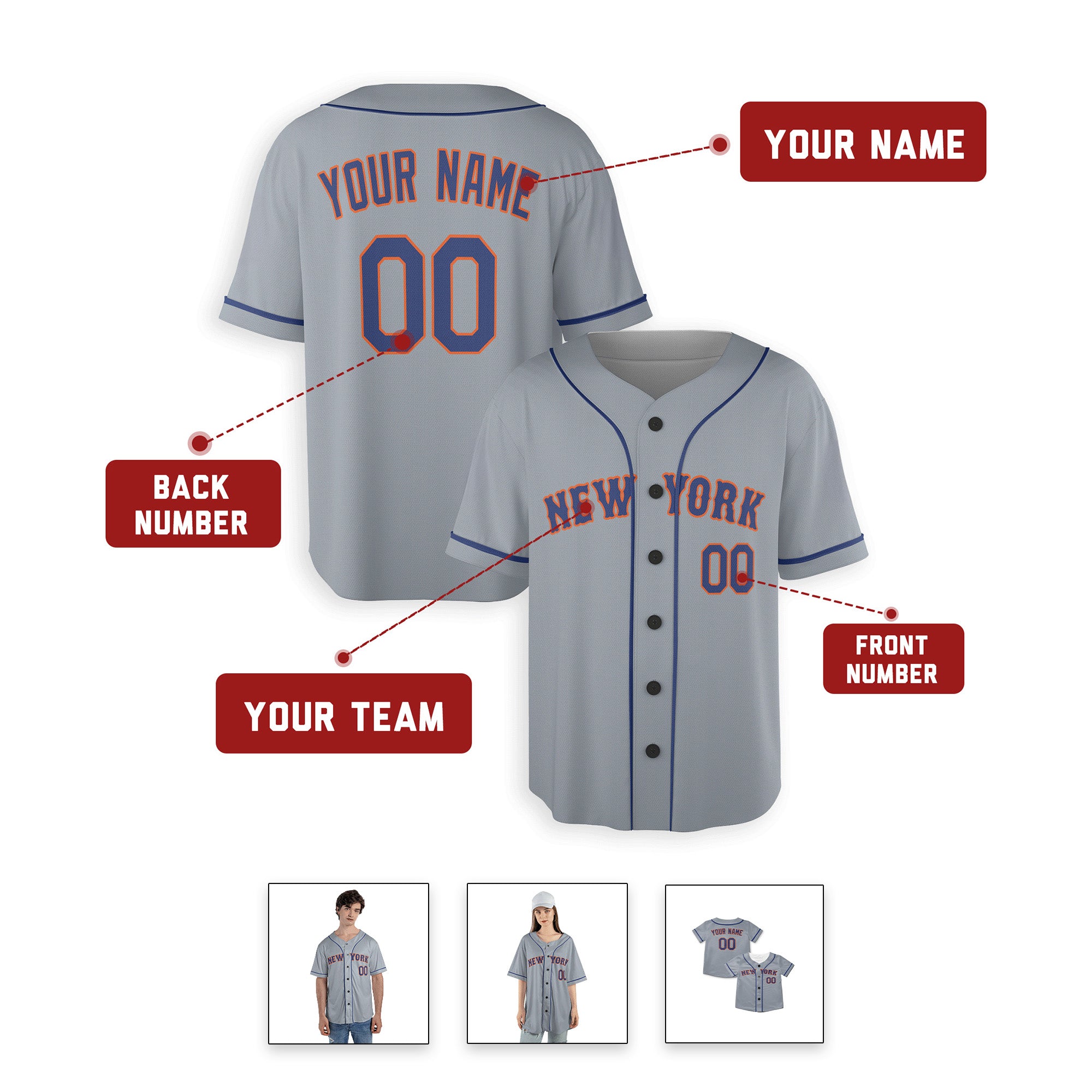 Personalized New York Mets Inspired Alternate Style Jersey with Team Name & Number for Men, Women, Youth, Kids - Piping / No Piping Options - Gray