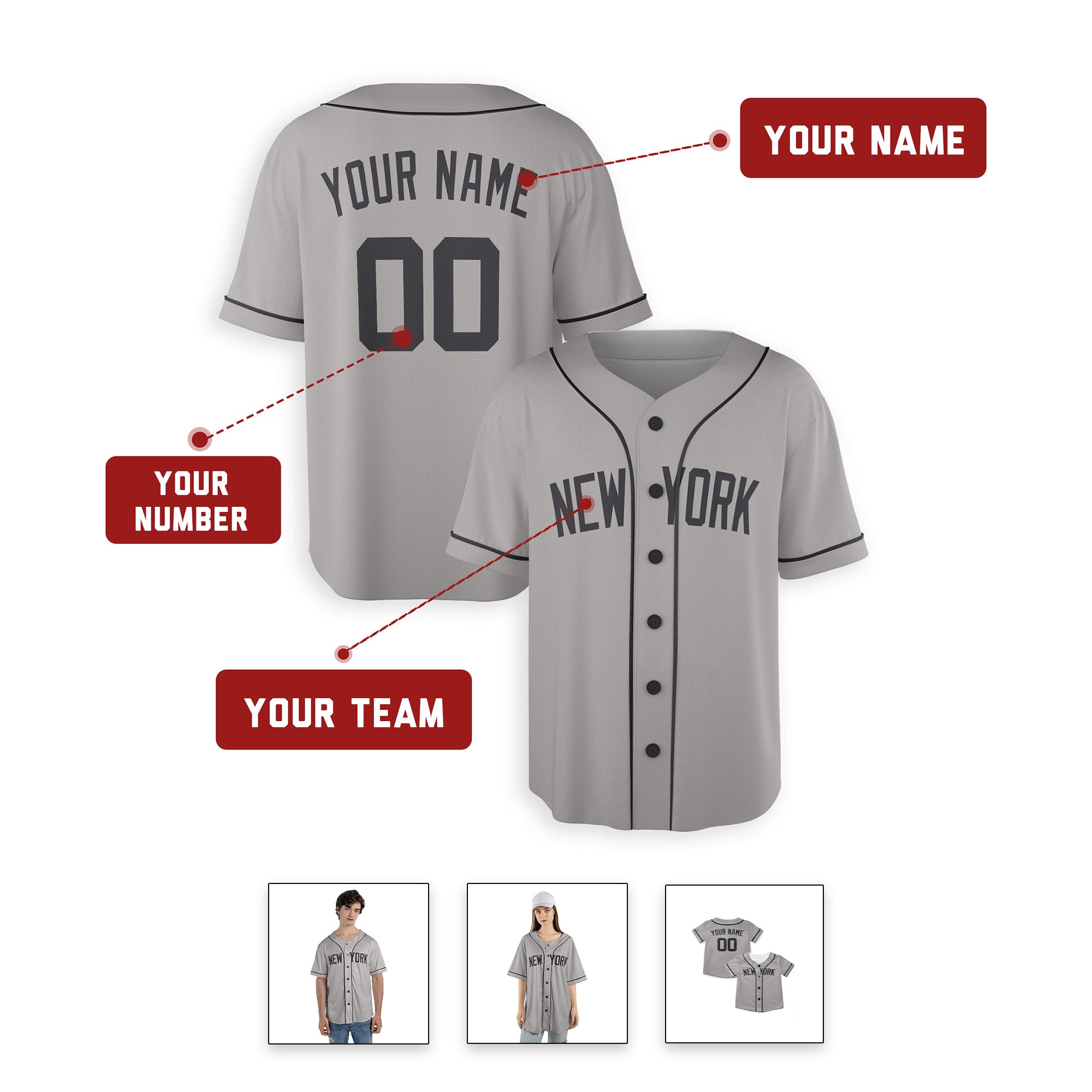 Personalized New York Yankees Inspired Alternate Style Jersey with Team Name & Number for Men, Women, Youth, Kids - Piping / No Piping Options - Gray
