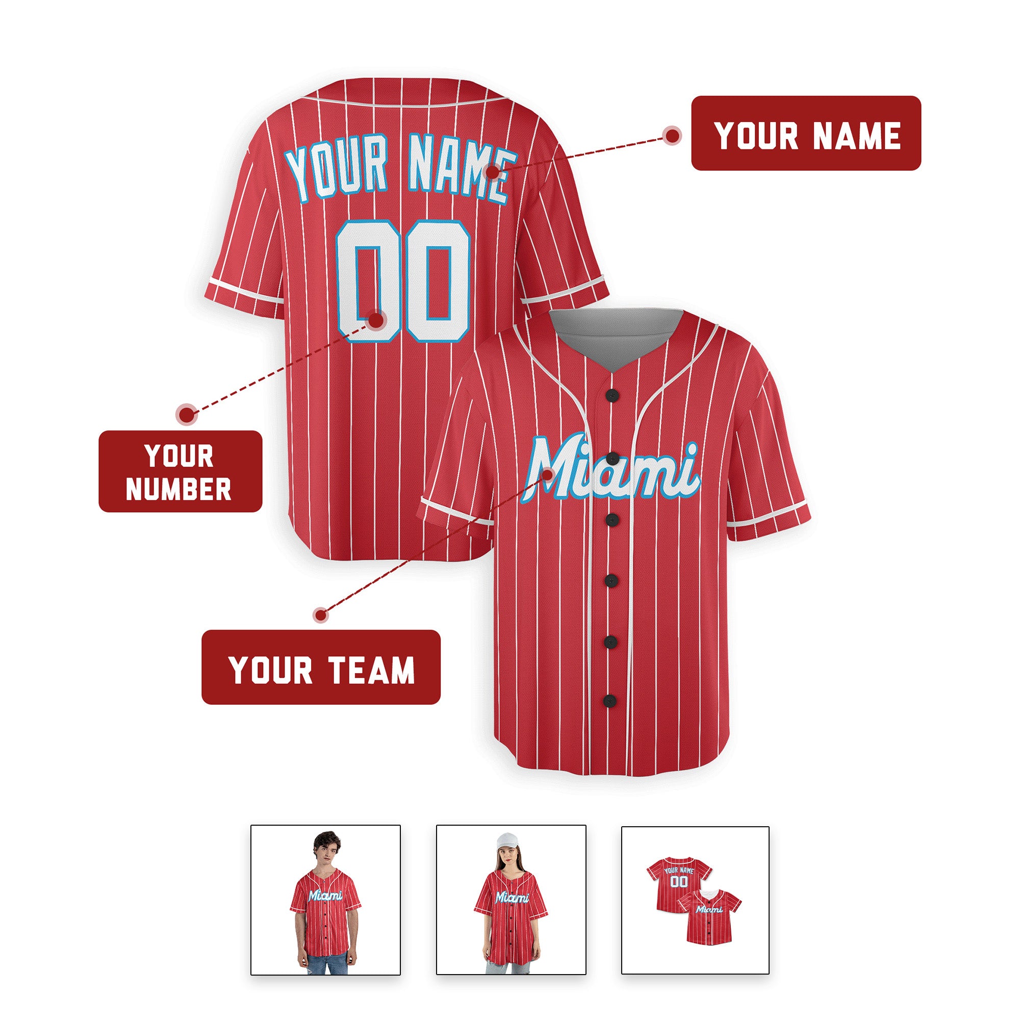 Personalized Maimi Marlins Inspired Alternate Style Jersey - Red
