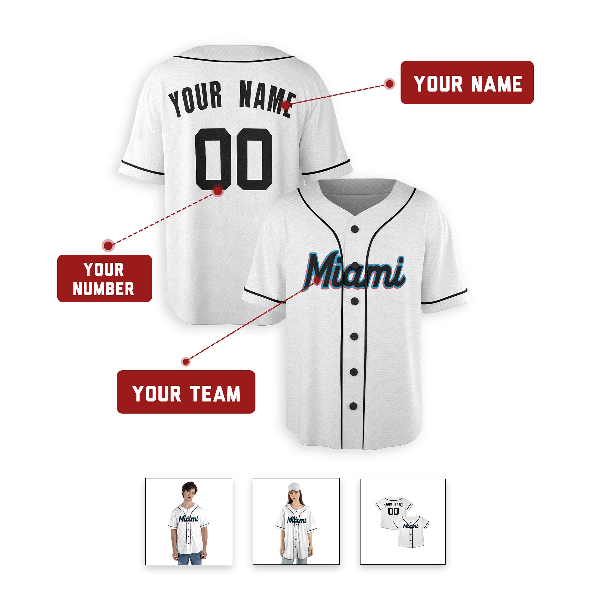 Personalized Maimi Marlins Inspired Alternate Style Jersey - White Black